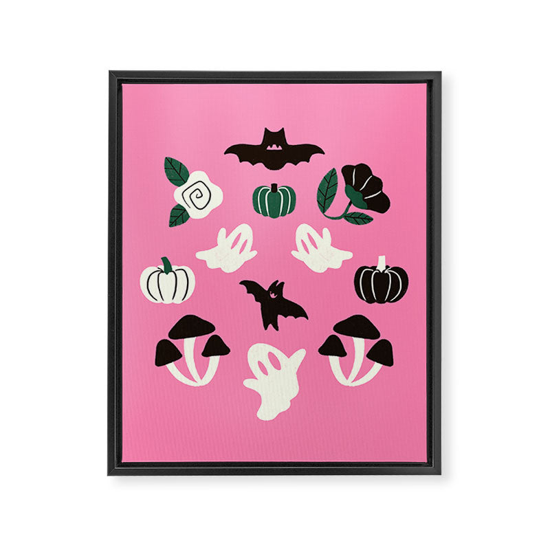 Pink Ghosts, Mushrooms, Bats, and Flowers Pattern Framed Canvas Print Gallery Image 8
