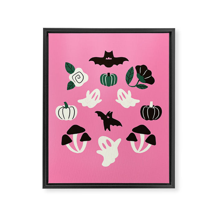 Pink Ghosts, Mushrooms, Bats, and Flowers Pattern Framed Canvas Print Gallery Image 1