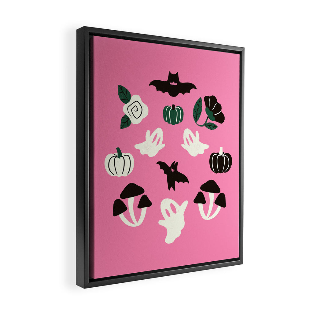 Pink Ghosts, Mushrooms, Bats, and Flowers Pattern Framed Canvas Print Gallery Image 2
