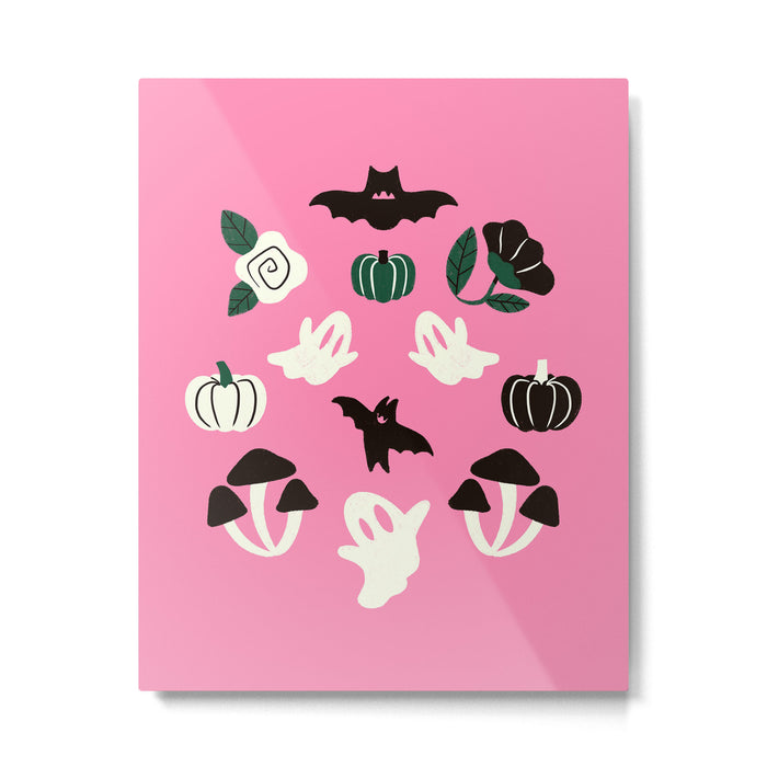 Pink Ghosts, Mushrooms, Bats, and Flowers Pattern Metal Print Gallery Image 1
