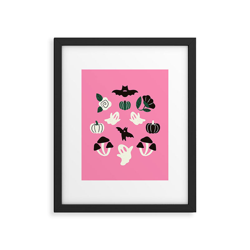 Pink Ghosts, Mushrooms, Bats, and Flowers Pattern Framed Art Print Gallery Image 6
