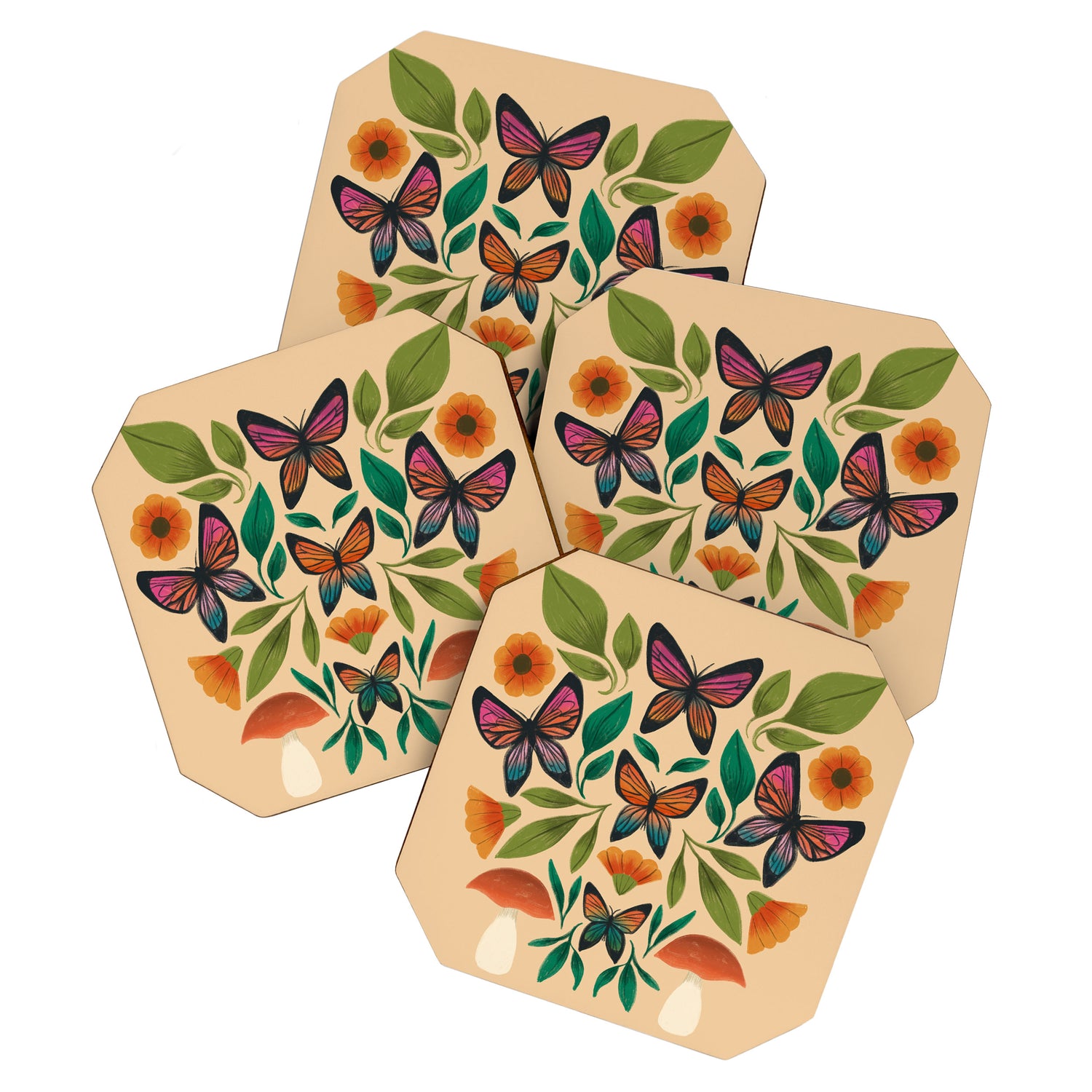 Rainbow Butterfly Garden with Mushrooms Coaster Gallery Image 1