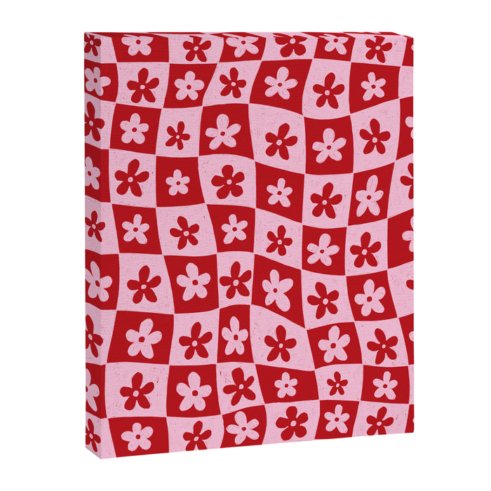 Red and Pink Retro Daisy Checkerboard Swirl Pattern Canvas Print Gallery Image 1