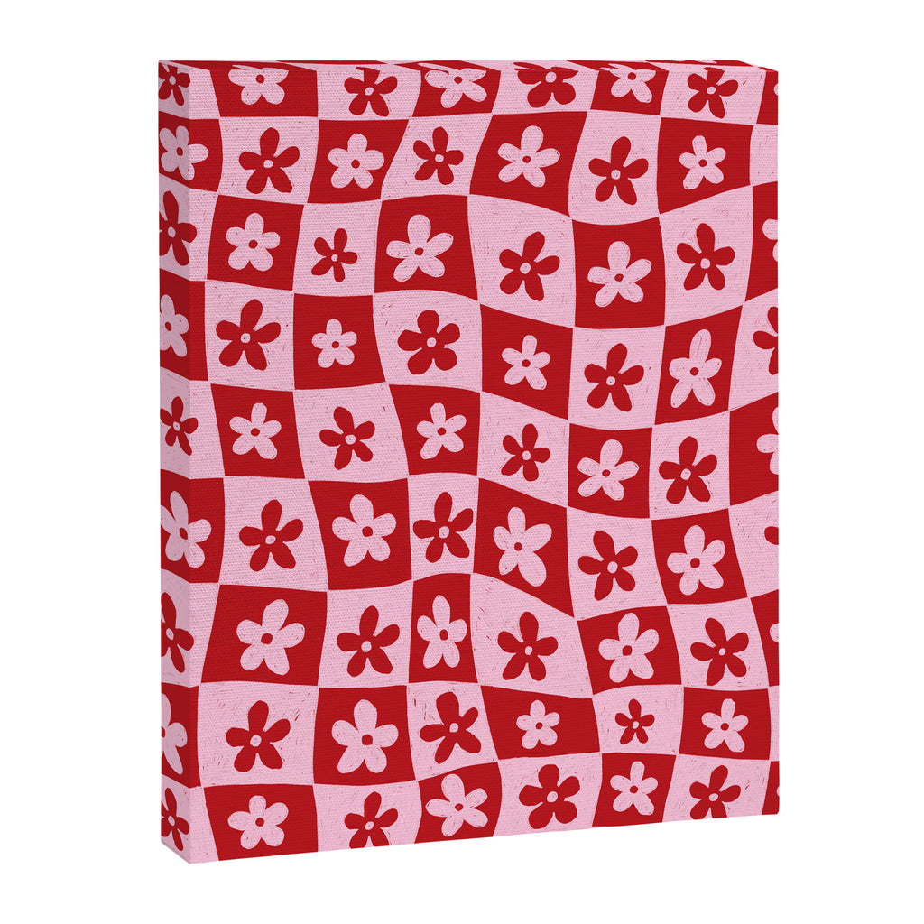 Red and Pink Retro Daisy Checkerboard Swirl Pattern Canvas Print Gallery Image 8