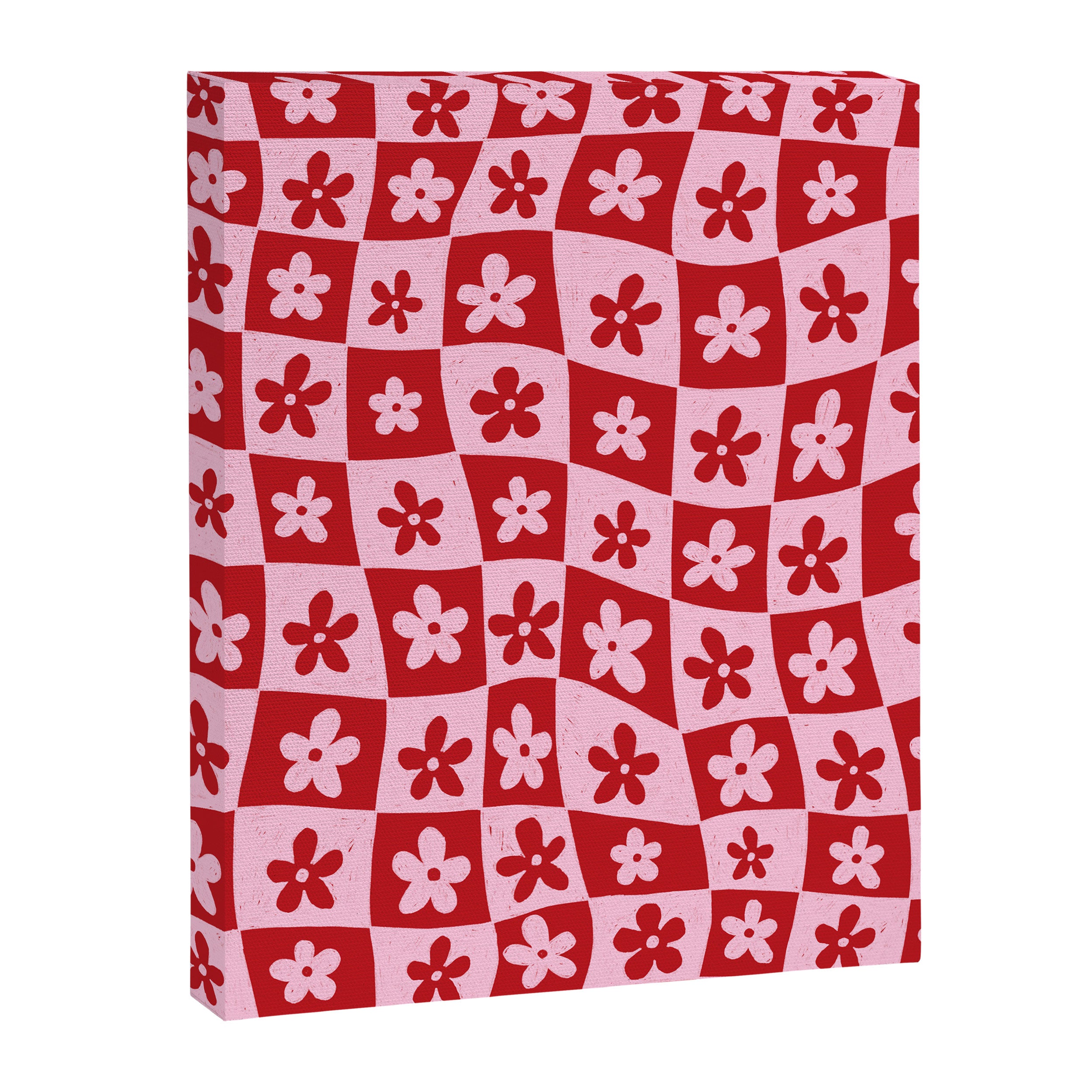 Red and Pink Retro Daisy Checkerboard Swirl Pattern Canvas Print Gallery Image 8