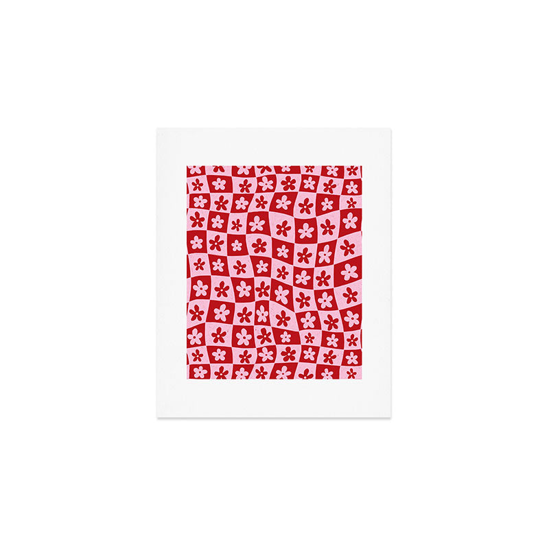 Red and Pink Retro Daisy Checkerboard Swirl Pattern Art Print Gallery Image 1