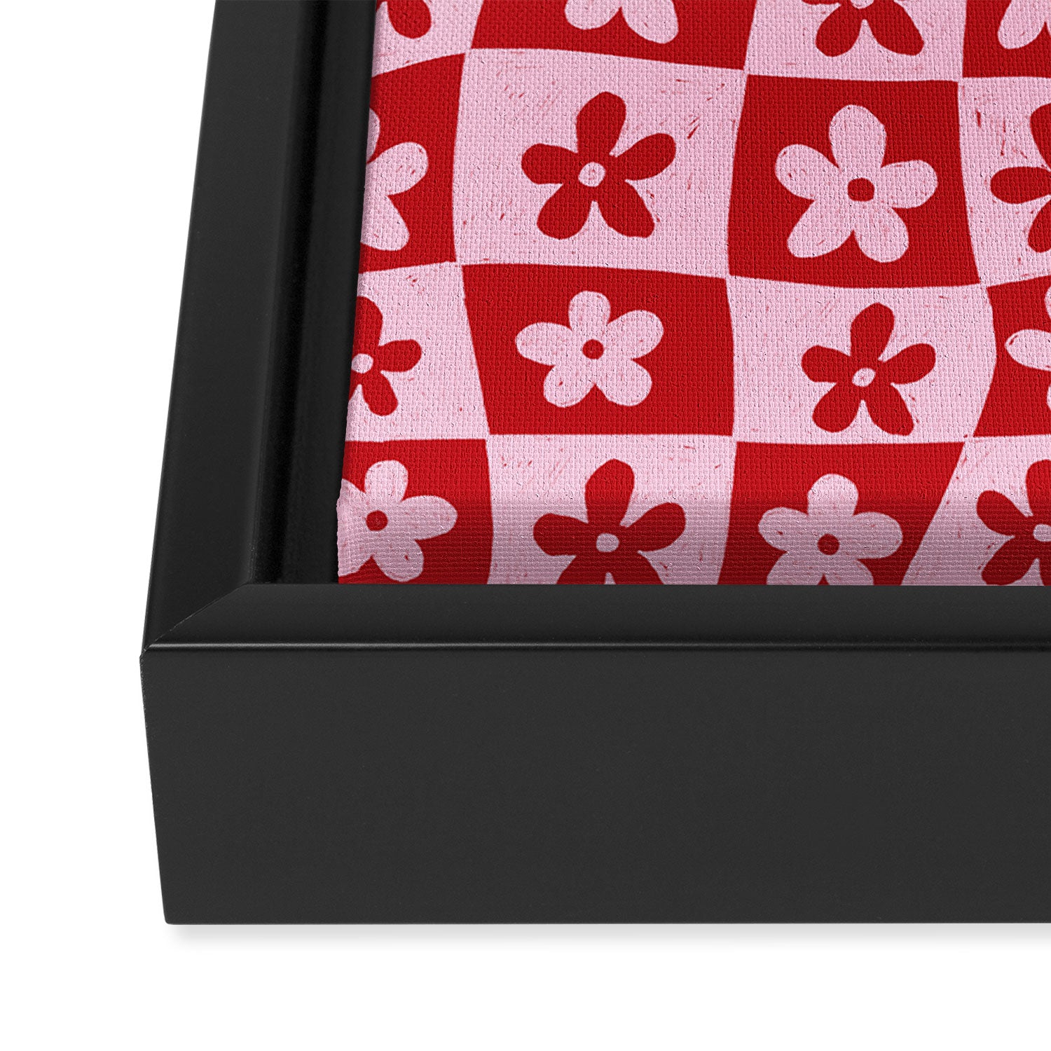 Red and Pink Retro Daisy Checkerboard Swirl Pattern Framed Canvas Print Gallery Image 3
