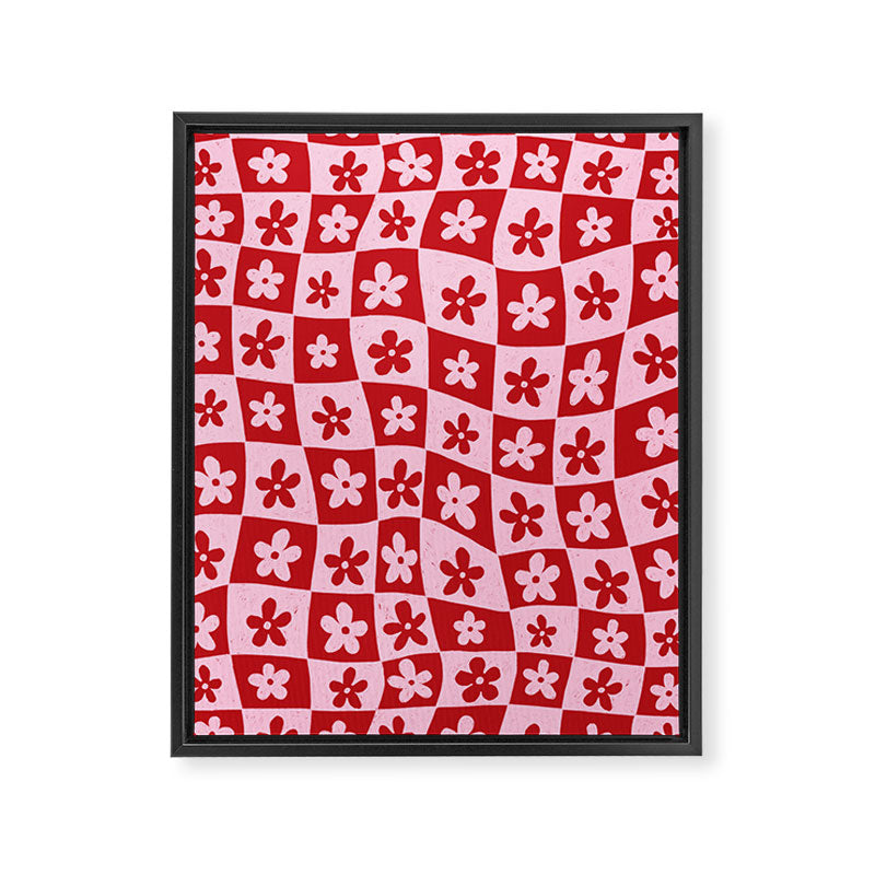 Red and Pink Retro Daisy Checkerboard Swirl Pattern Framed Canvas Print Gallery Image 8