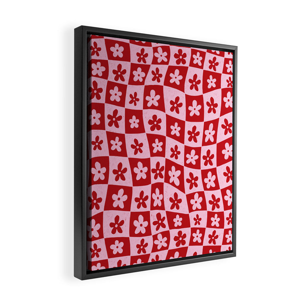 Red and Pink Retro Daisy Checkerboard Swirl Pattern Framed Canvas Print Gallery Image 2