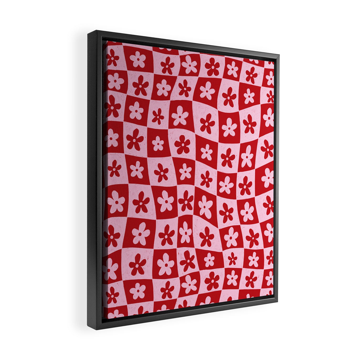 Red and Pink Retro Daisy Checkerboard Swirl Pattern Framed Canvas Print Gallery Image 2
