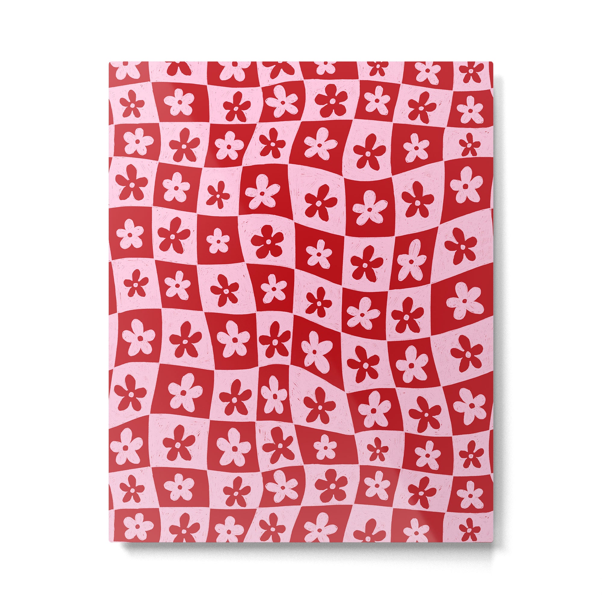 Red and Pink Retro Daisy Checkerboard Swirl Pattern Metal Print Gallery Image 6