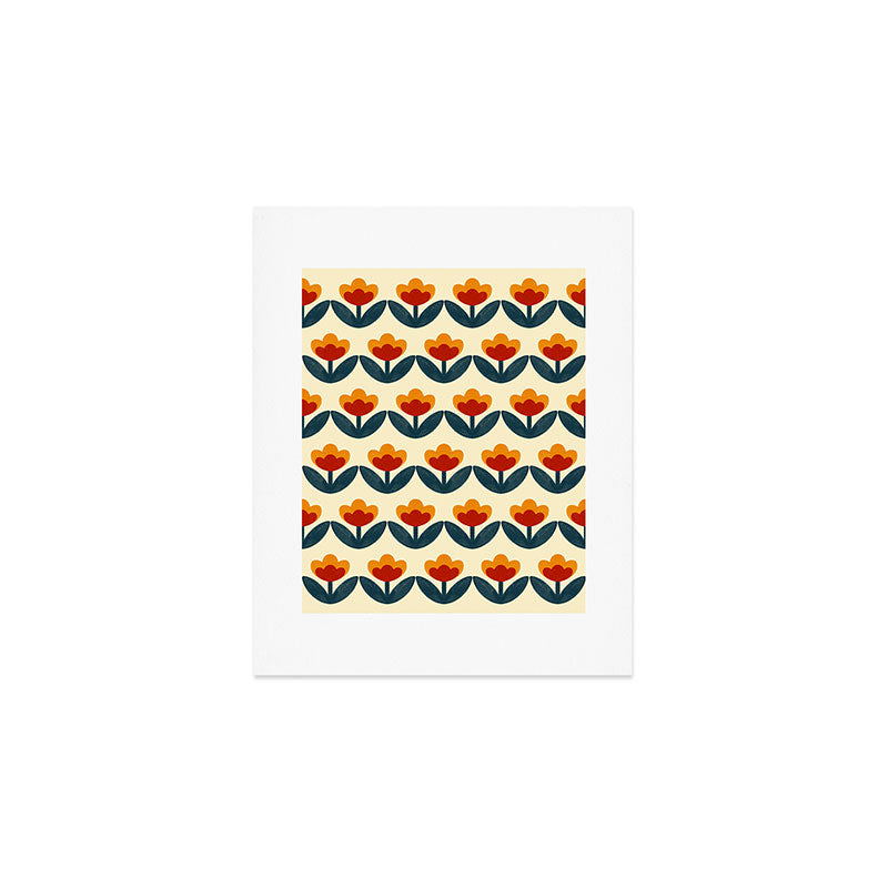 Retro 70s Floral Pattern in Mid-Century Red, Marigold, and Navy  Art Print Gallery Image 1