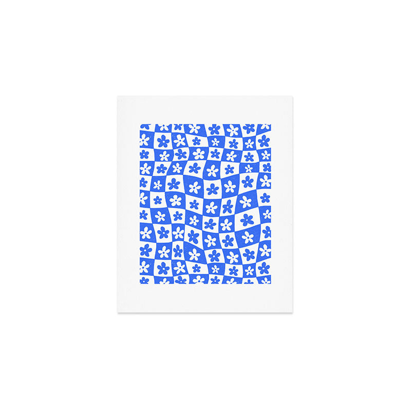 Retro Blue Daisy Checkerboard  Art Print Gallery Image 1
