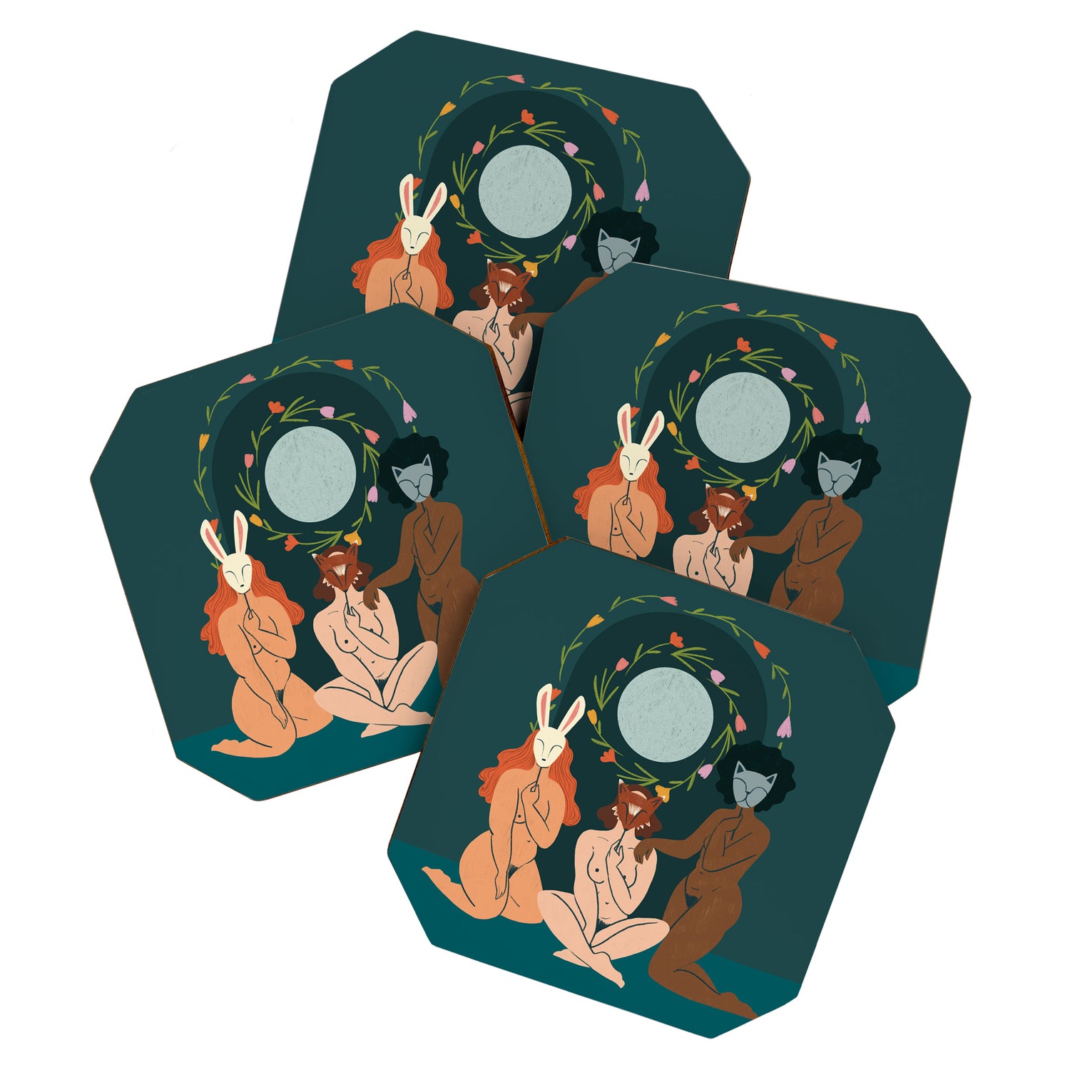 Spring Ritual // Women with animal masks Coaster Gallery Image 1