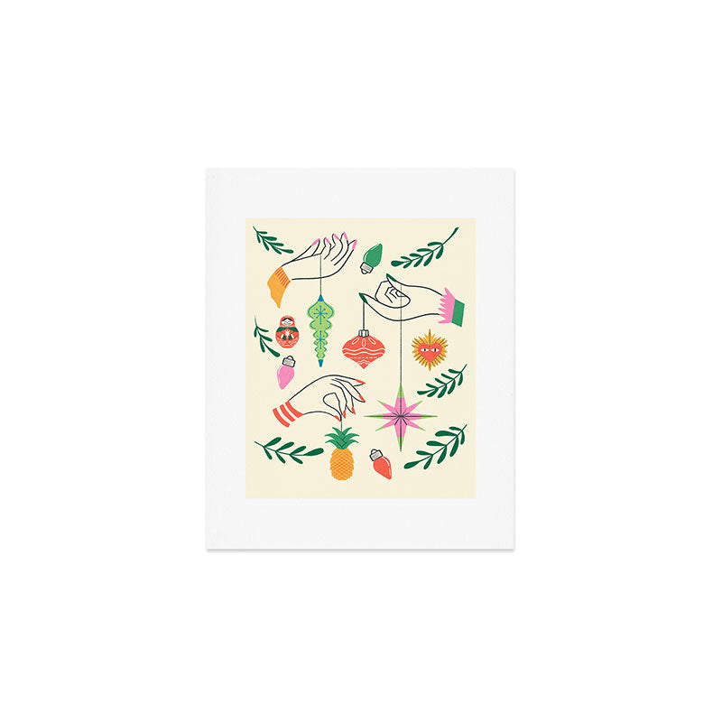 Tree Trimming Hands and Retro Ornaments Art Print Gallery Image 1