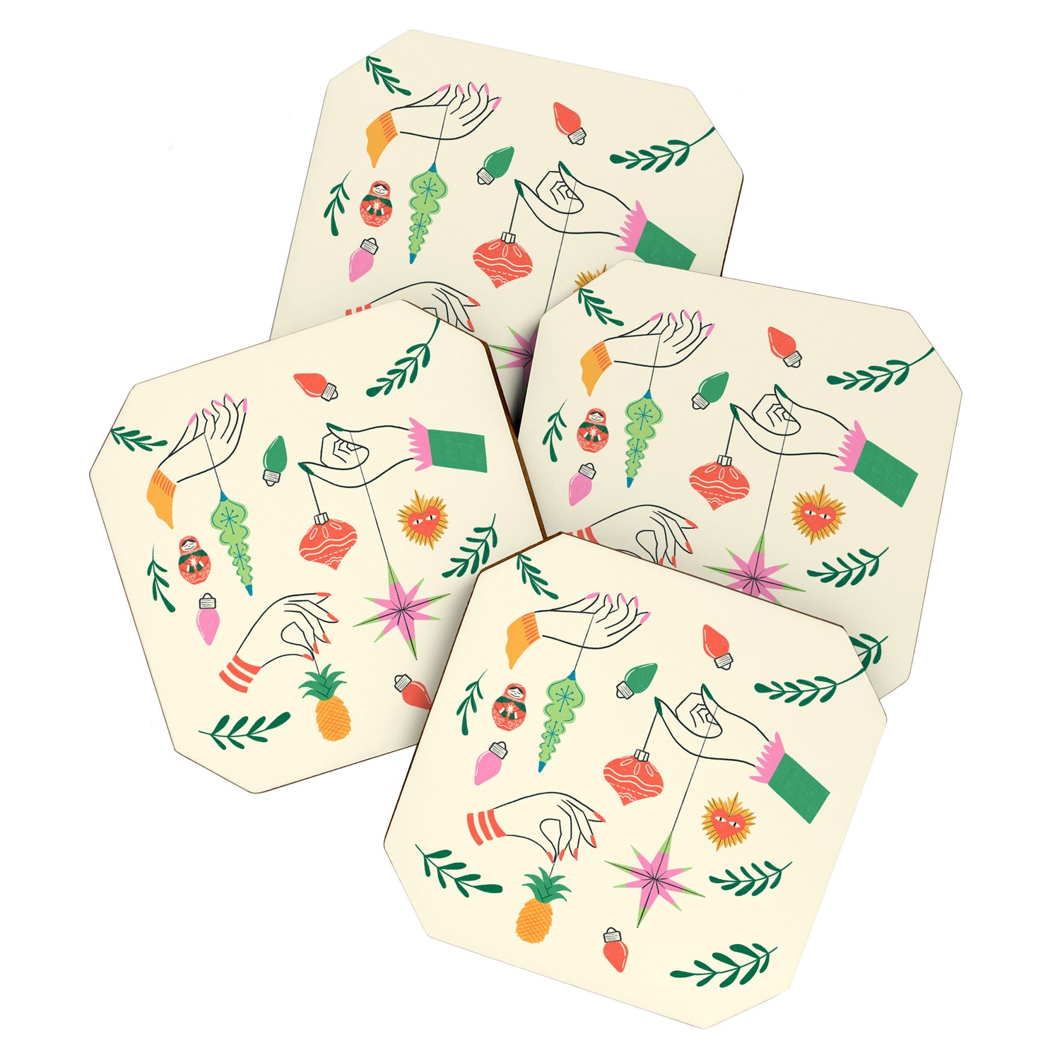 Tree Trimming Hands and Retro Ornaments Coaster Gallery Image 1