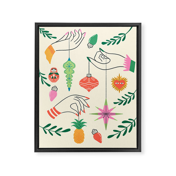 Tree Trimming Hands and Retro Ornaments Framed Canvas Print Gallery Image 1