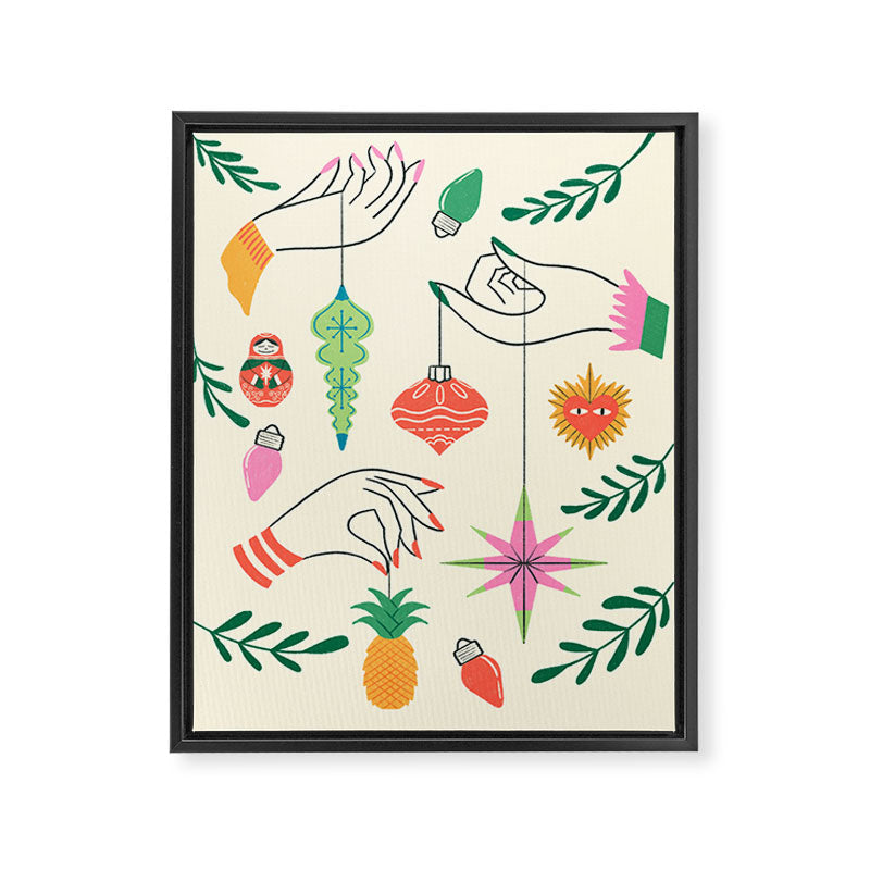 Tree Trimming Hands and Retro Ornaments Framed Canvas Print Gallery Image 6