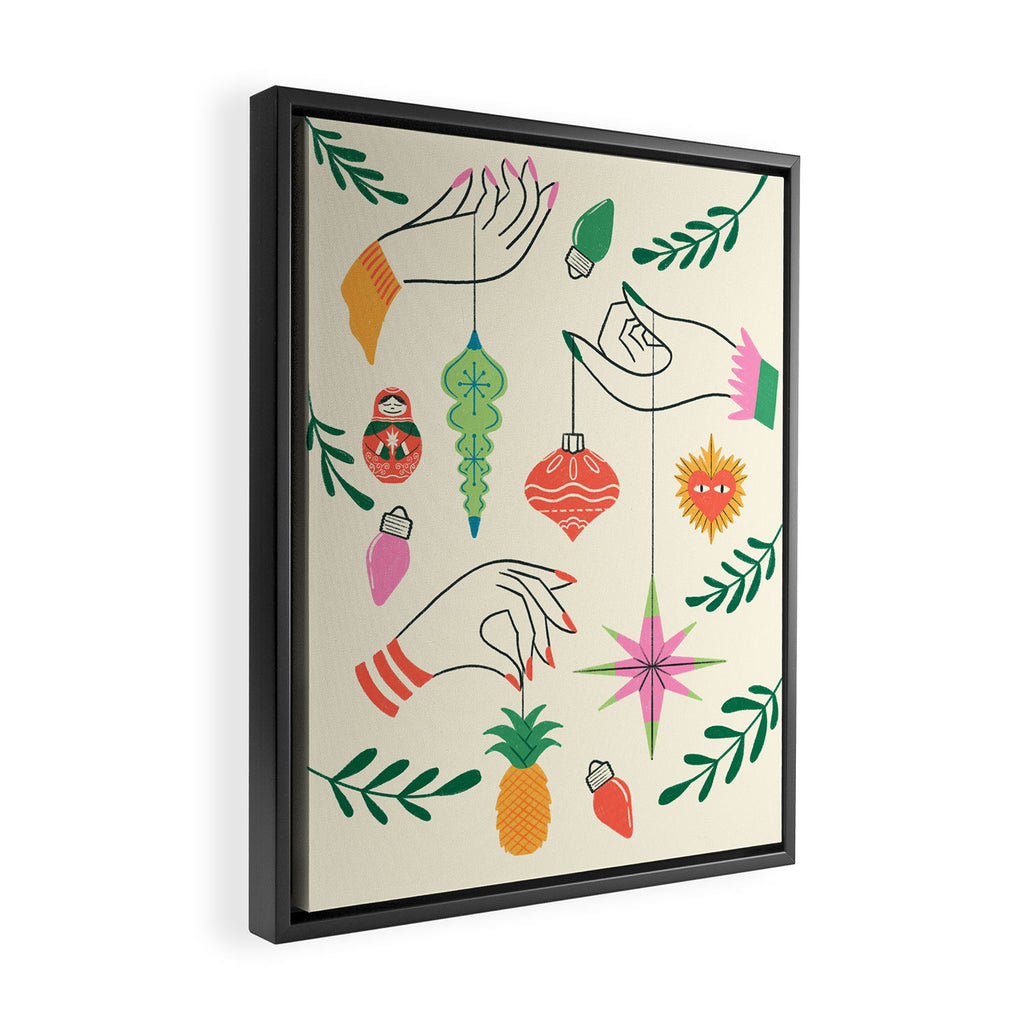 Tree Trimming Hands and Retro Ornaments Framed Canvas Print Gallery Image 2
