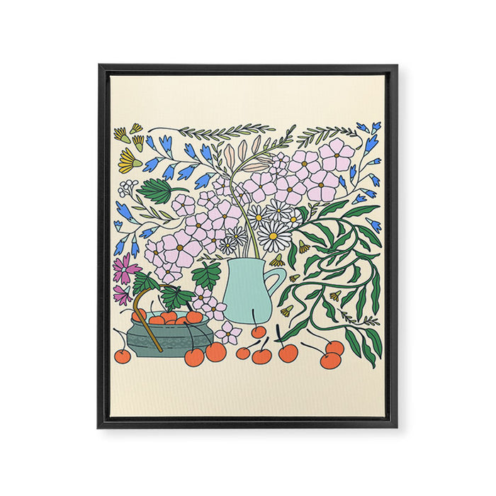 Ukrainian Flower Vase and Cherries Framed Canvas Print Gallery Image 1
