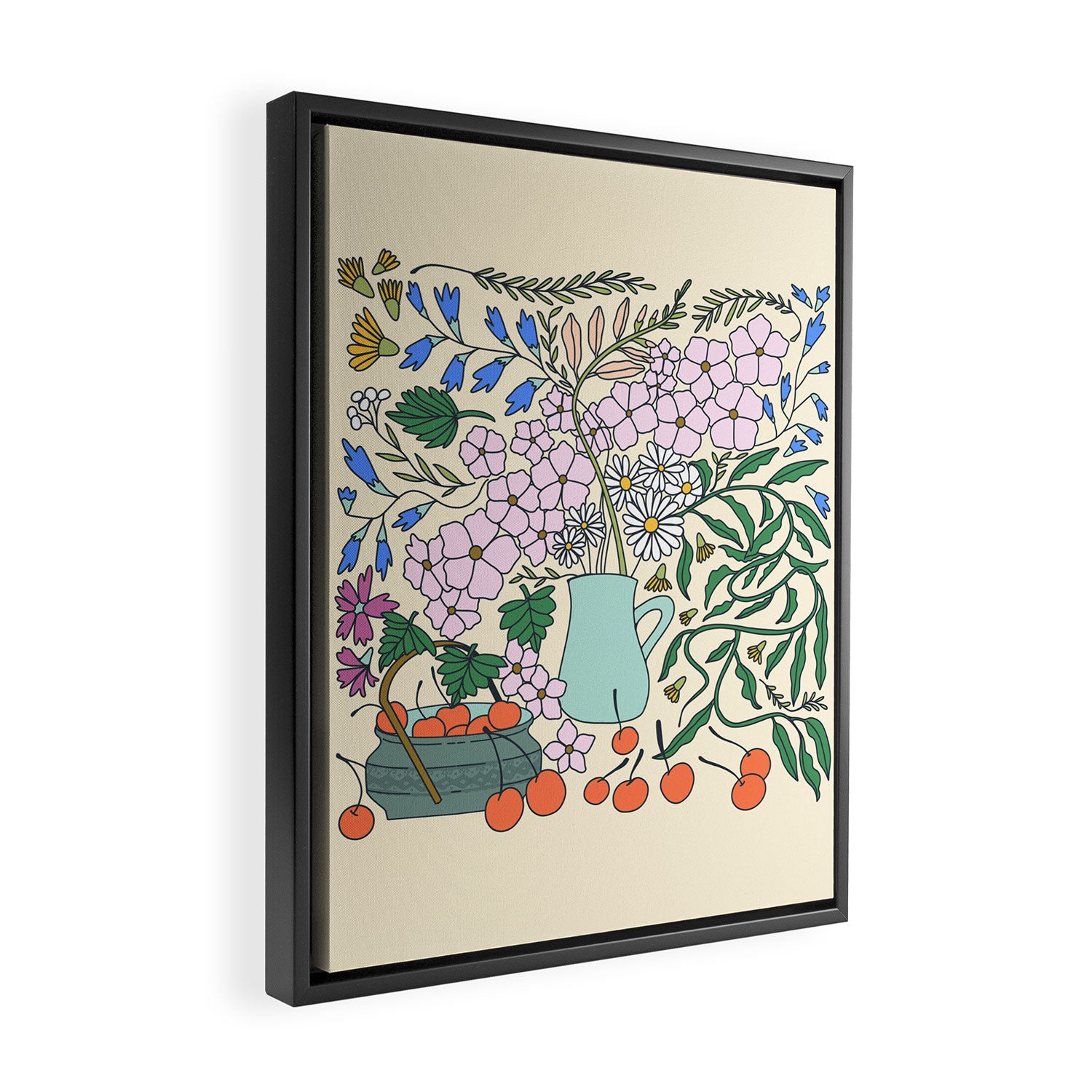 Ukrainian Flower Vase and Cherries Framed Canvas Print Gallery Image 2