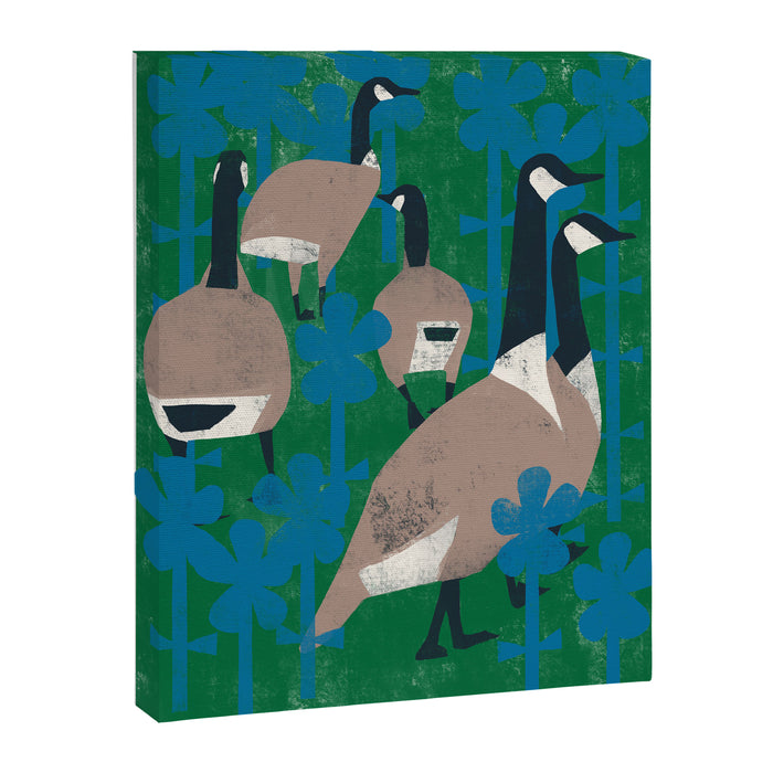 Geese in Flowers - Blue Canvas Print Gallery Image 1
