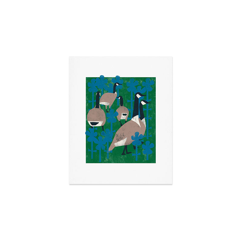 Geese in Flowers - Blue Art Print Gallery Image 1