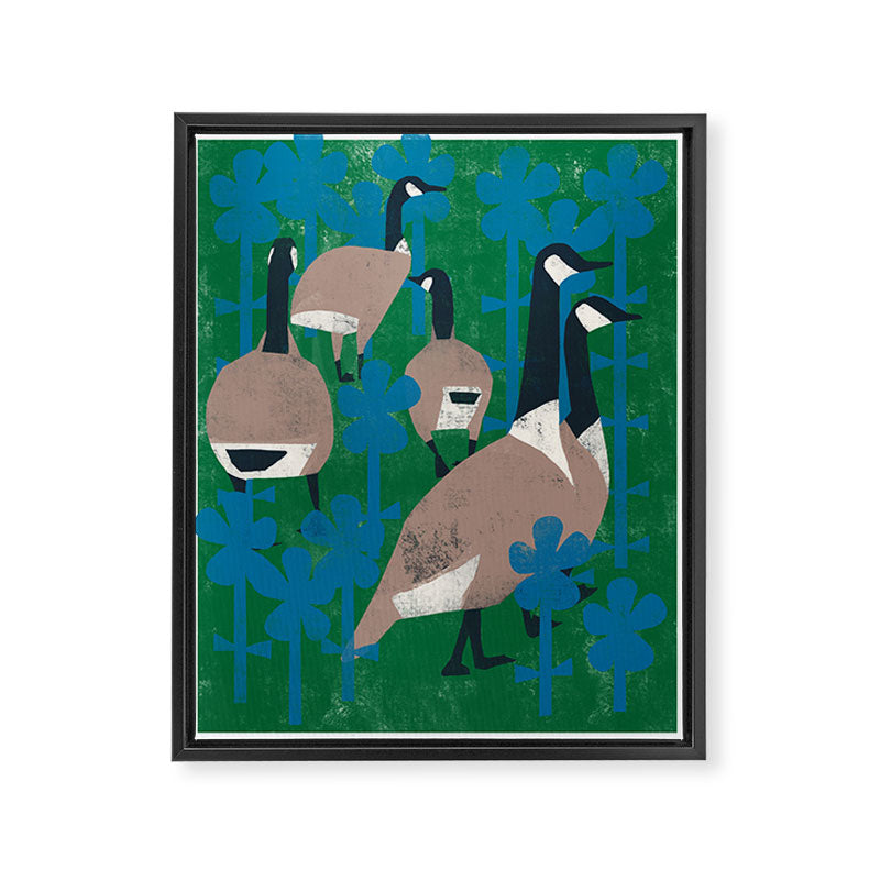 Geese in Flowers - Blue Framed Canvas Print Gallery Image 6