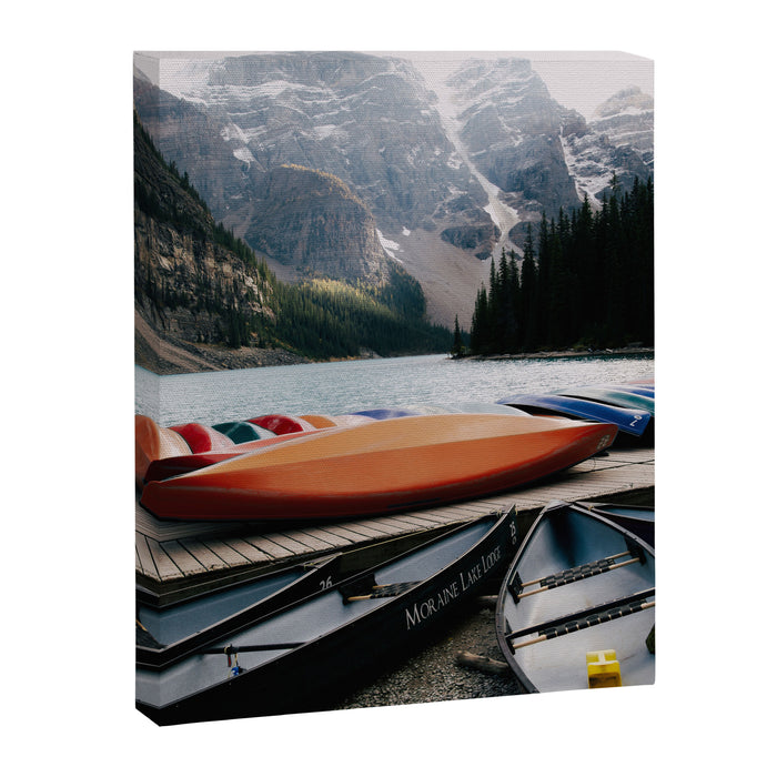Moraine Lake Canoes Canvas Print Gallery Image 1