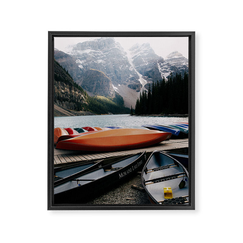 Moraine Lake Canoes Framed Canvas Print Gallery Image 6