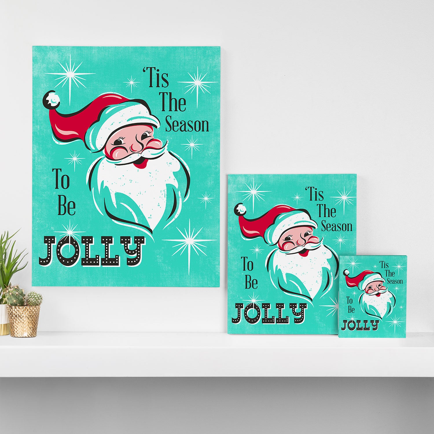 'Tis The Season - Retro Santa Aqua Colorful Canvas Print Gallery Image 3