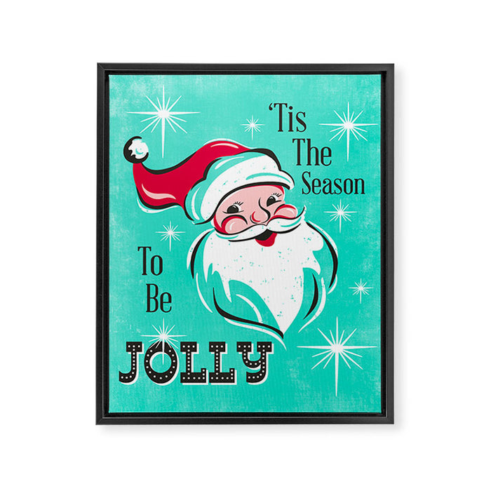 'Tis The Season - Retro Santa Aqua Colorful Framed Canvas Print Gallery Image 1