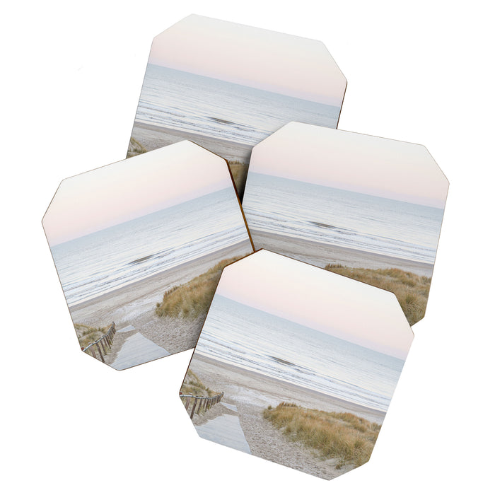 Beach Walk At Sunrise Photo | Dutch Coast Travel Photography Art Print | Egmond Aan Zee Holland In Pastel Colors Coaster Gallery Image 1