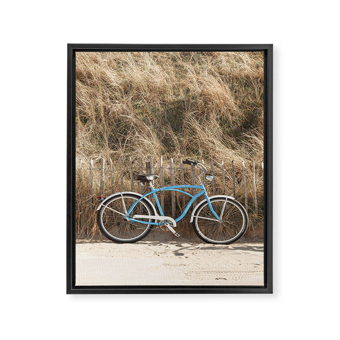 Blue Beach Bike In Holland Photo | Dutch Grass Dunes Summer Holiday Art Print | Europe Travel Photography Framed Canvas Print Gallery Image 1