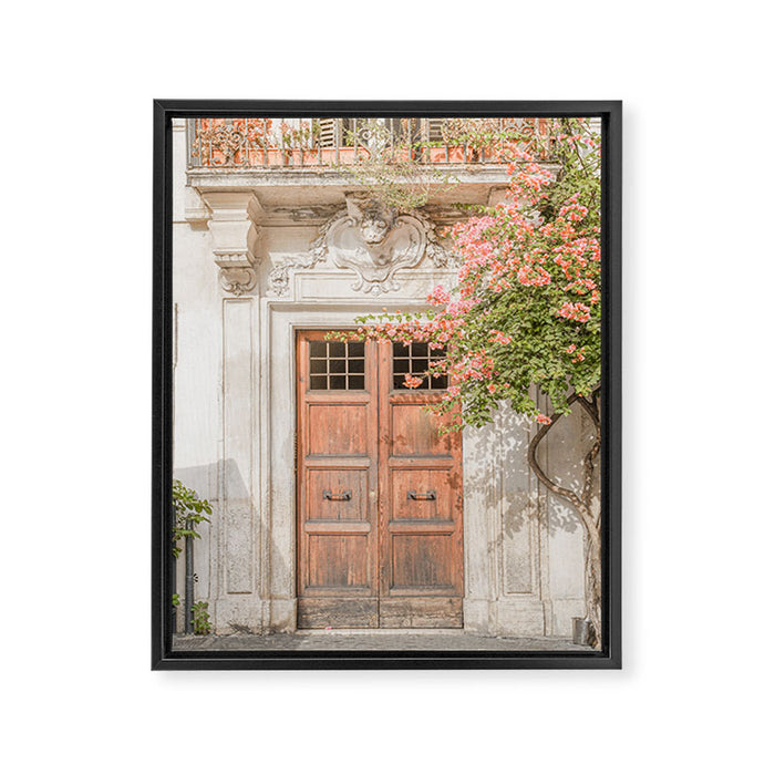 Floral Entry In Rome | Front Door Collection Travel Photography Art Print | Pink Summer Flowers In Italy Framed Canvas Print Gallery Image 1