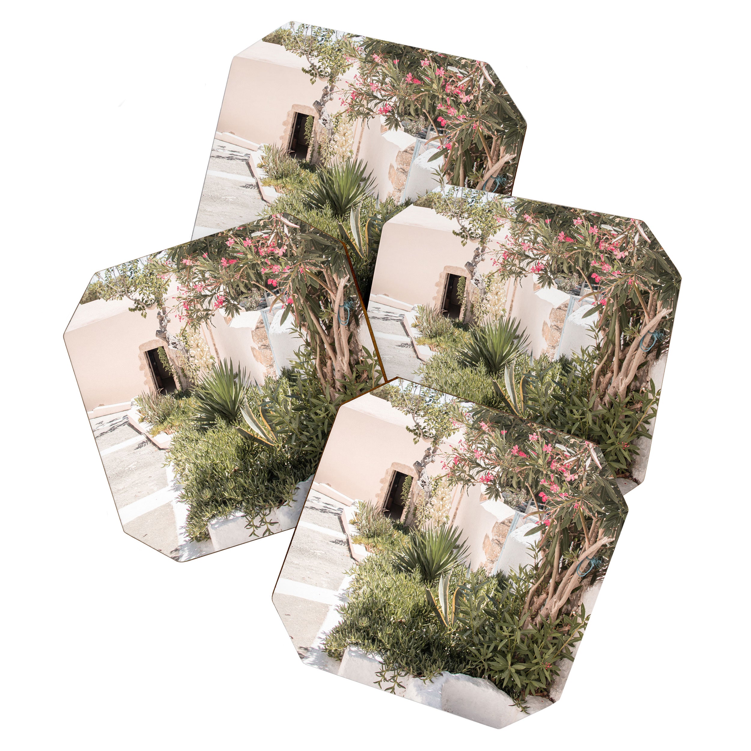 Greece Summer Scenery With Plants Photo | White Island Architecture Art Print | Europe Travel Photography Coaster Gallery Image 1