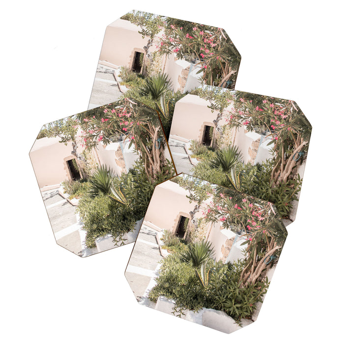 Greece Summer Scenery With Plants Photo | White Island Architecture Art Print | Europe Travel Photography Coaster Gallery Image 1