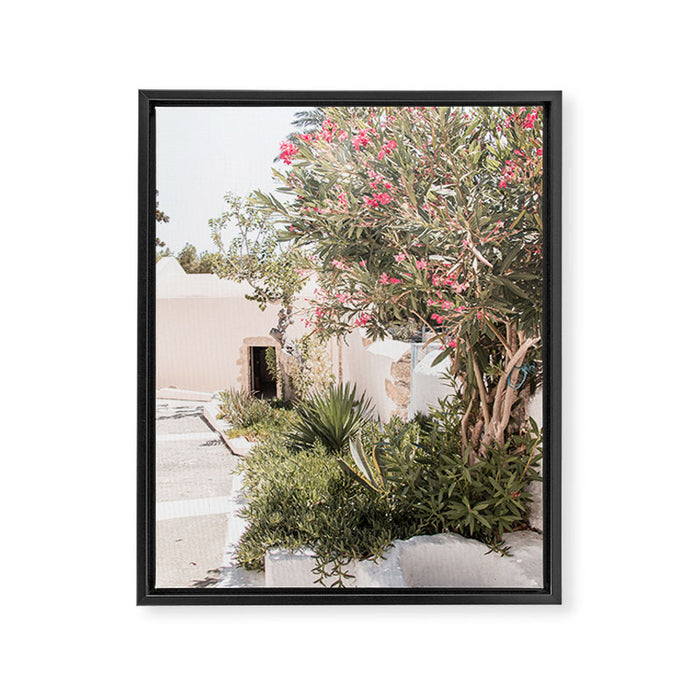 Greece Summer Scenery With Plants Photo | White Island Architecture Art Print | Europe Travel Photography Framed Canvas Print Gallery Image 1
