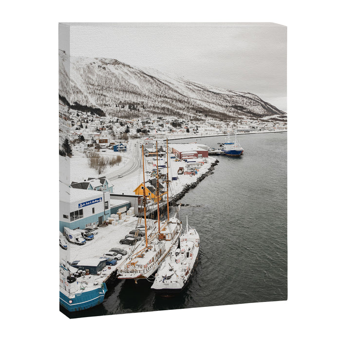 Harbor In Norway Snow Photo | Winter In Norway Boats And Mountains Art Print | Travel Photography Canvas Print Gallery Image 1