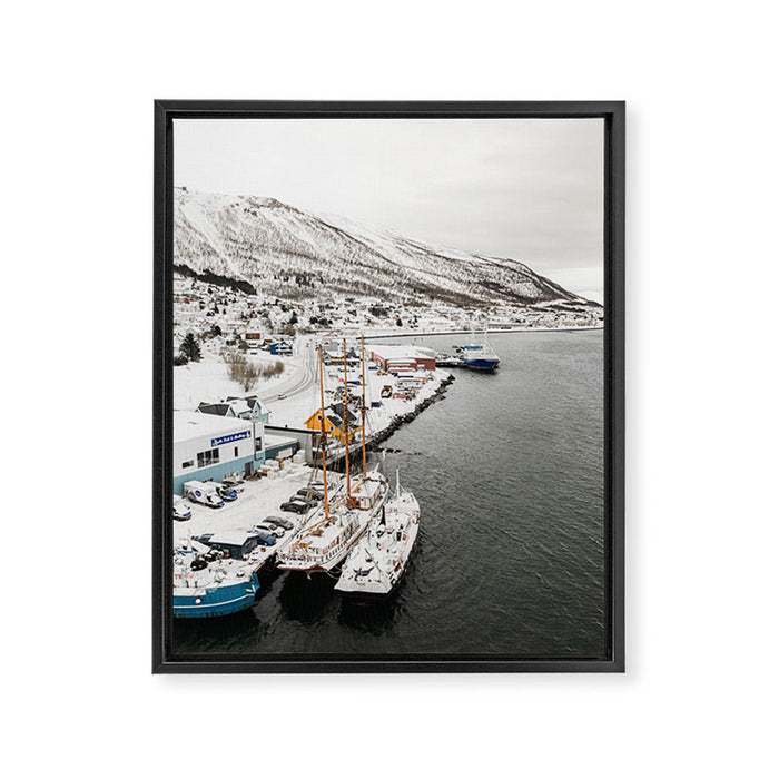 Harbor In Norway Snow Photo | Winter In Norway Boats And Mountains Art Print | Travel Photography Framed Canvas Print Gallery Image 1