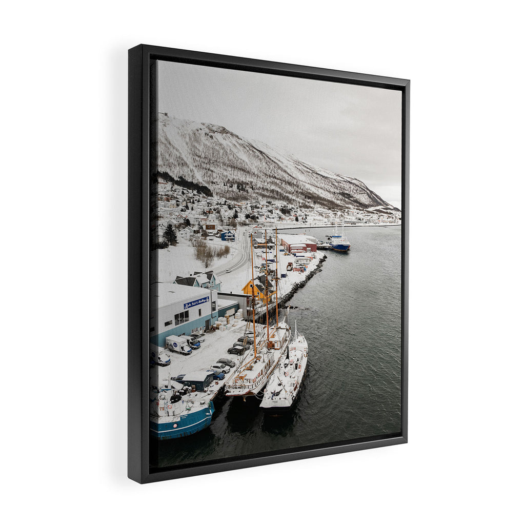 Harbor In Norway Snow Photo | Winter In Norway Boats And Mountains Art Print | Travel Photography Framed Canvas Print Gallery Image 2