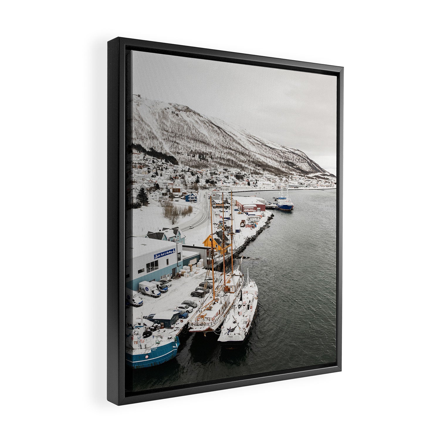 Harbor In Norway Snow Photo | Winter In Norway Boats And Mountains Art Print | Travel Photography Framed Canvas Print Gallery Image 2