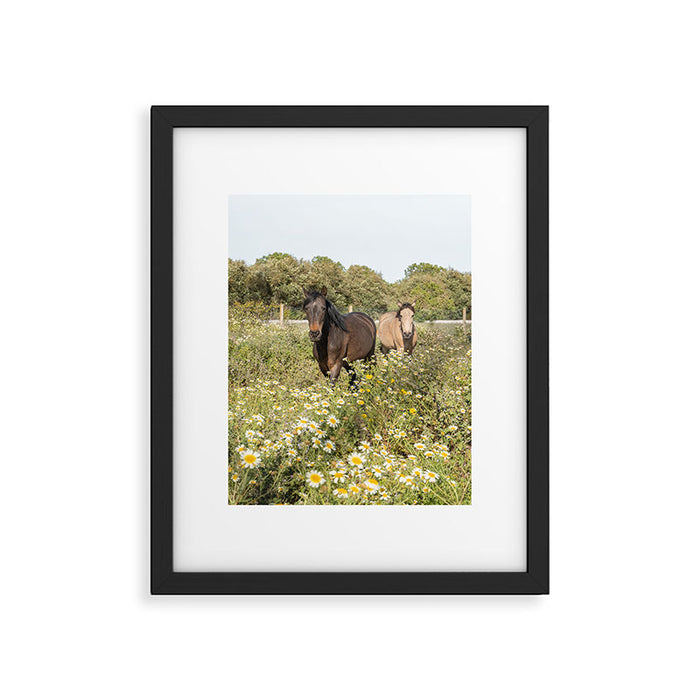 Horses in a Field of Wildflowers | Portugal Travel Art Print | Animal Photography in Europe Framed Art Print Gallery Image 1