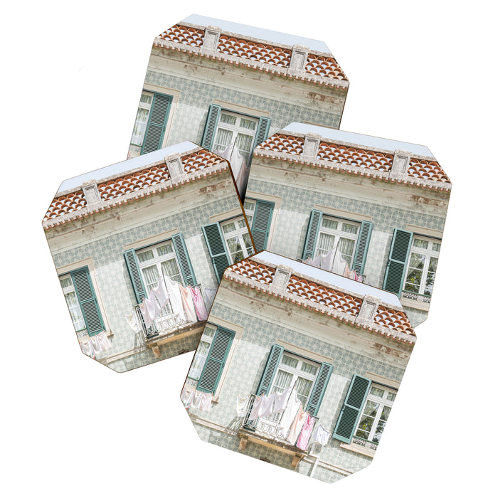 Laundry Day in Sintra | Tiled House in Portugal Art print | Street Travel Photography in Soft Pastel Colors Coaster Gallery Image 1
