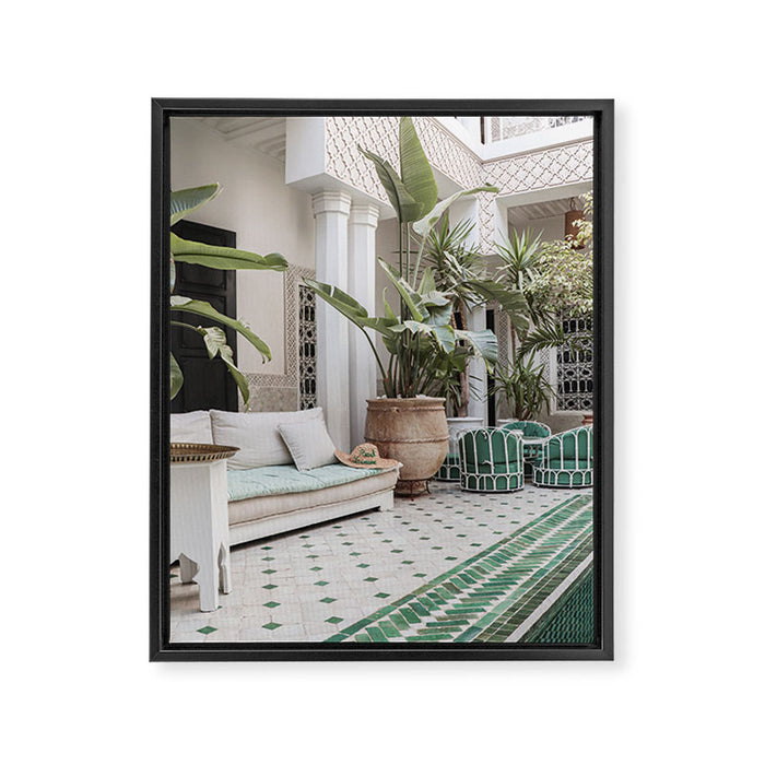 Moroccan Riad In Marrakech Photo | Arabic Interior Design Art Print | Green Tropical Travel Photography Framed Canvas Print Gallery Image 1