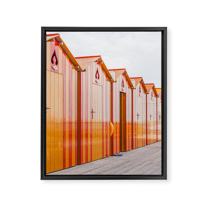 Sorrento Stripes | Red And Orange Beach Changing Rooms Art Print | Amalfi Coast Italy Travel Photography Framed Canvas Print Gallery Image 1