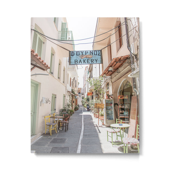 Street In Greece Photo | Pastel Village Houses Summer Art Print | Europe Digital Travel Photography Metal Print Gallery Image 1
