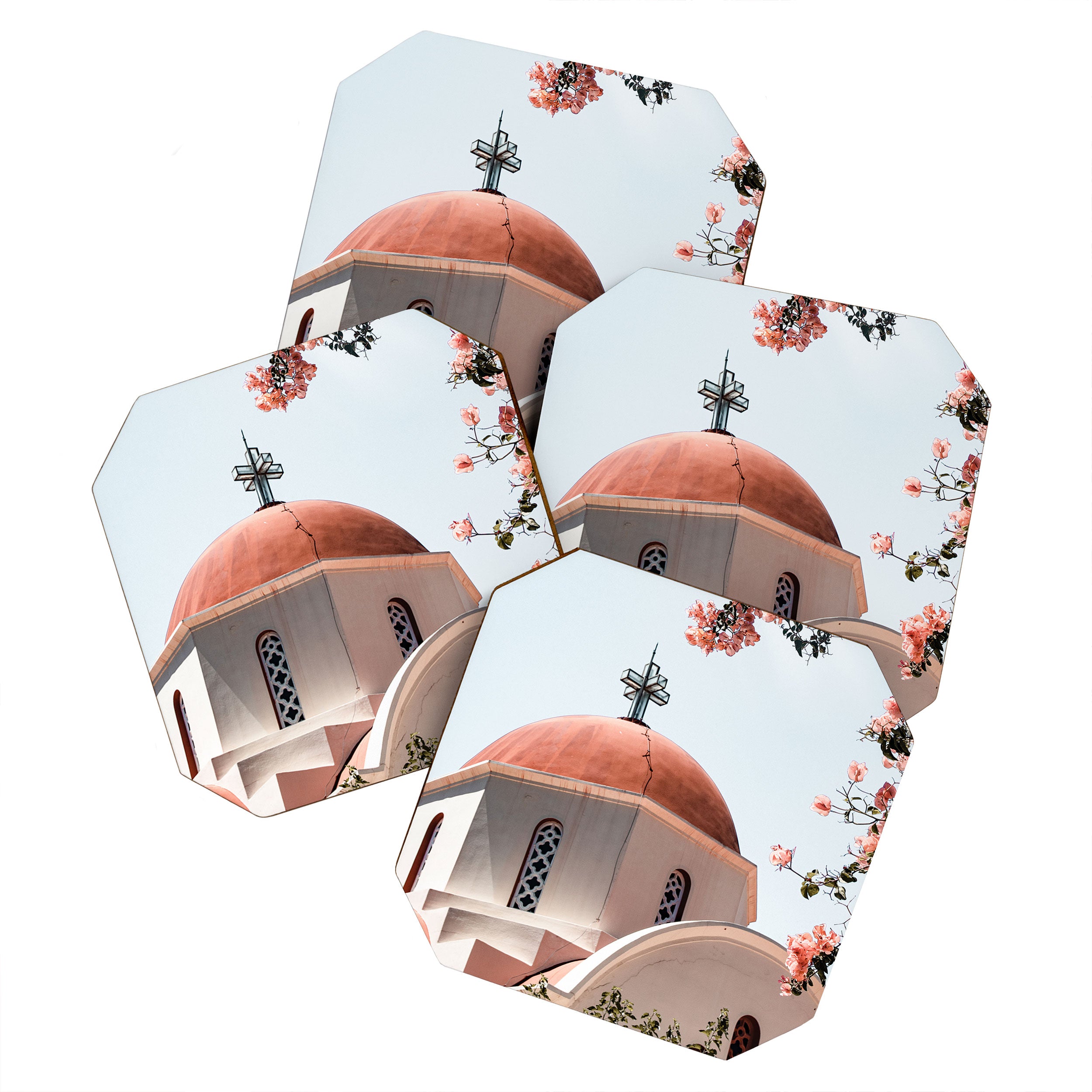 Summer In Greece Art Print | Pink Flowers Photo | Crete Island Holiday | Europe Travel Photography Coaster Gallery Image 1
