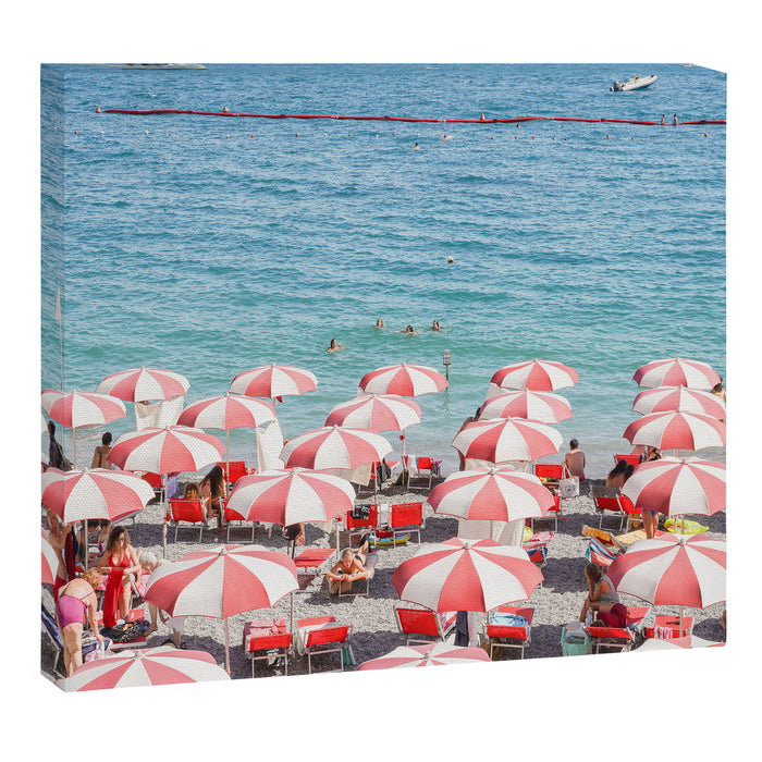 The Red Beach Umbrellas | Amalfi Coast Travel Photography | Europe Summer in Italy in Color Canvas Print Gallery Image 1