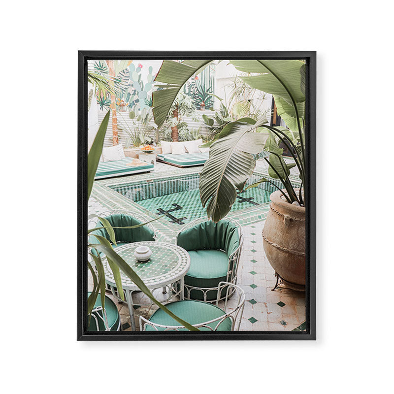 Travel Photography Art Print | Tropical Plant Leaves In Marrakech Photo | Green Pool Interior Design Framed Canvas Print Gallery Image 6